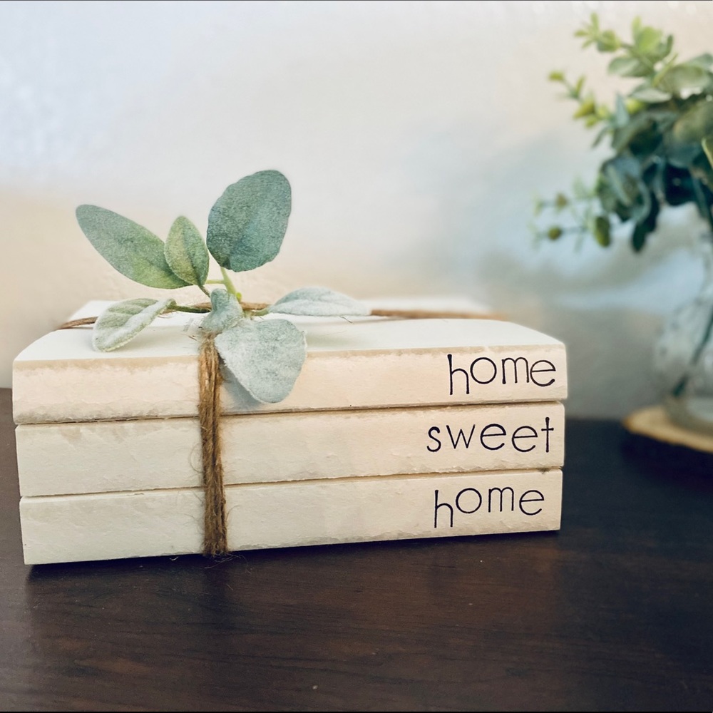 Farmhouse hand stamped book stack home decor